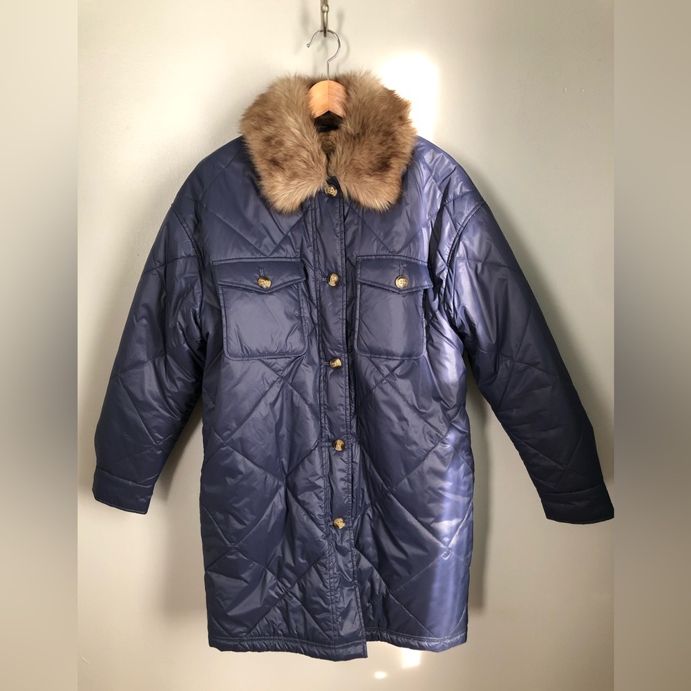 aerie Navy Puffer Coat with Brown Faux Fur Collar